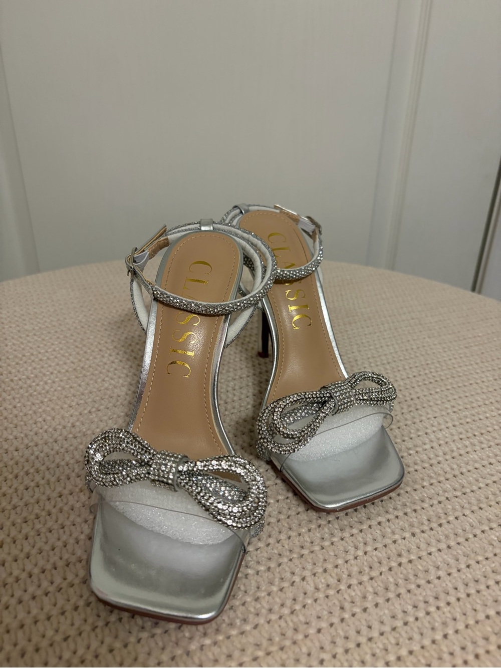 Classic Silver Crystal Bow Ankle-Strap Heels